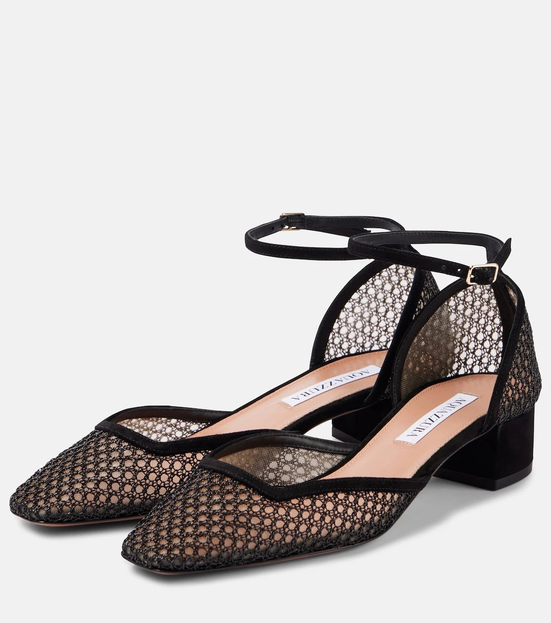 Aquazzura - حذاء آشا 35 بكعب عالٍ من الشبك مزين بالجلد السويدي