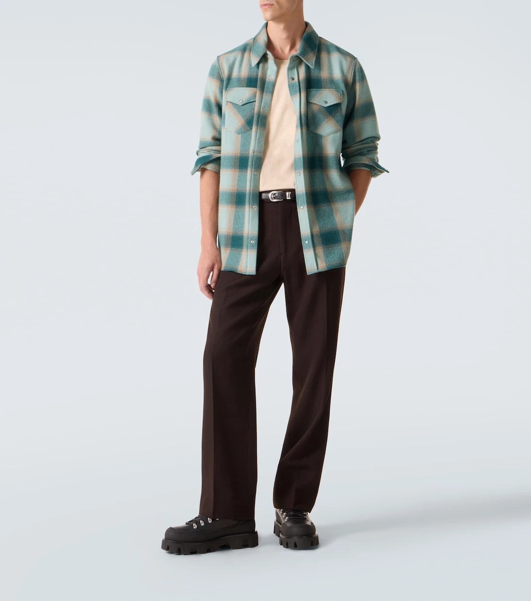 God's True Cashmere - Shadow plaid cashmere shirt with emerald