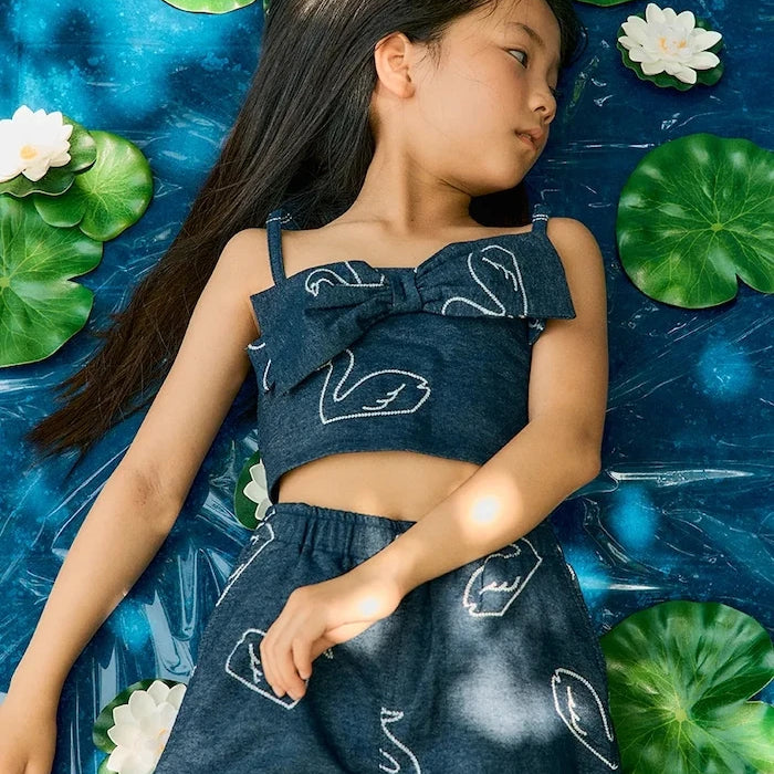 Детска дънкова блуза Tinycottons BIG SWANS DENIM BOW TOP