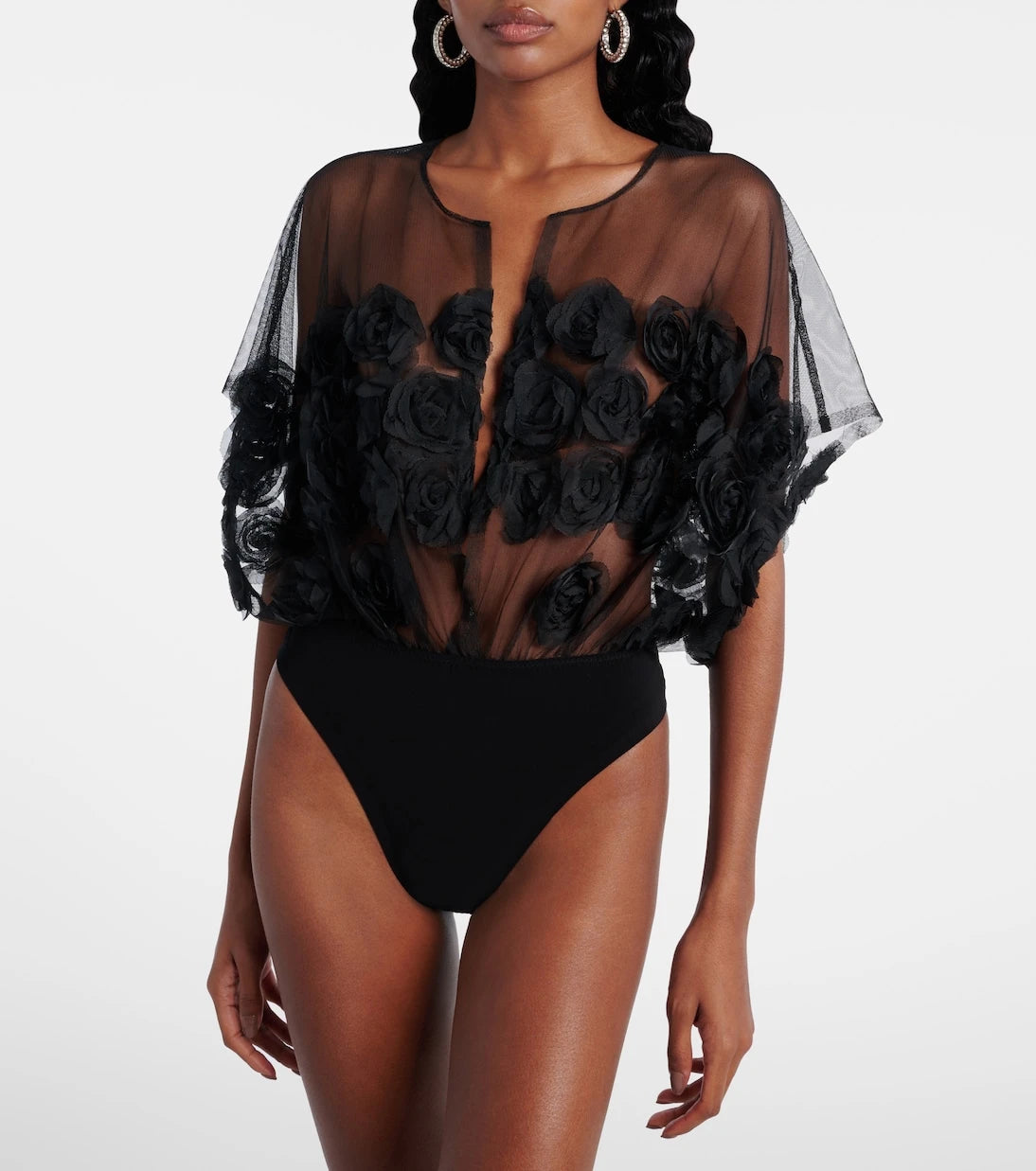 Norma Kamali - Floral-appliqué semi-sheer bodysuit
