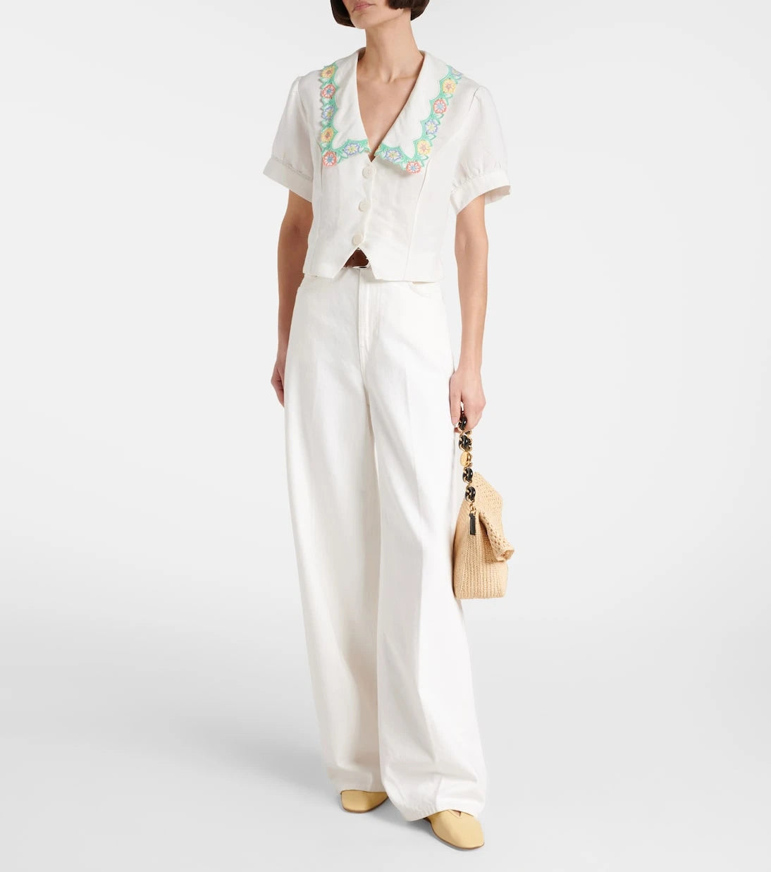 Rixo - Iveta embroidered cropped linen-blend top
