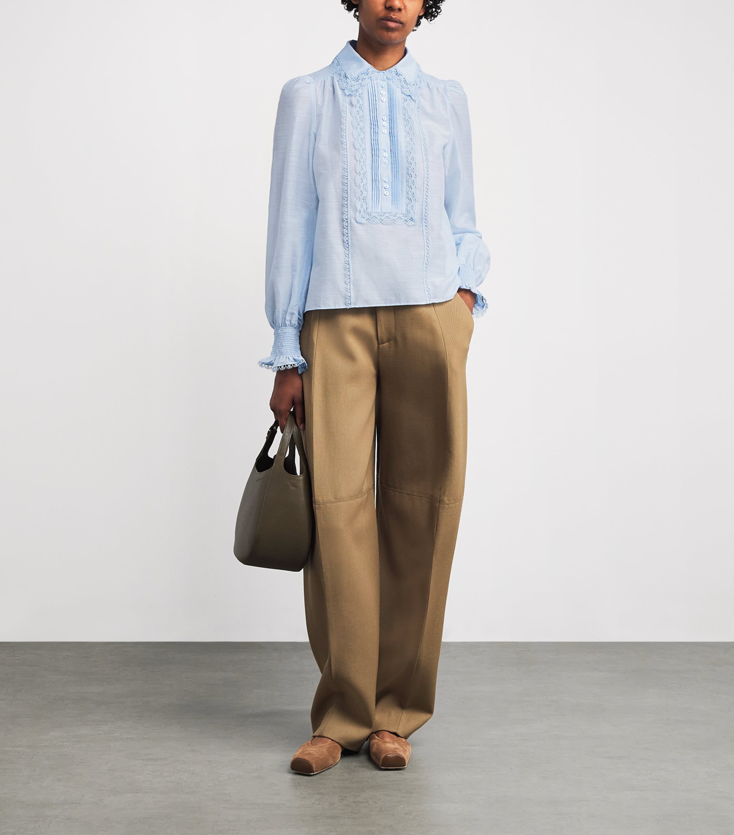 ME+EM Blue Silk-Cotton Lace-Trim Blouse