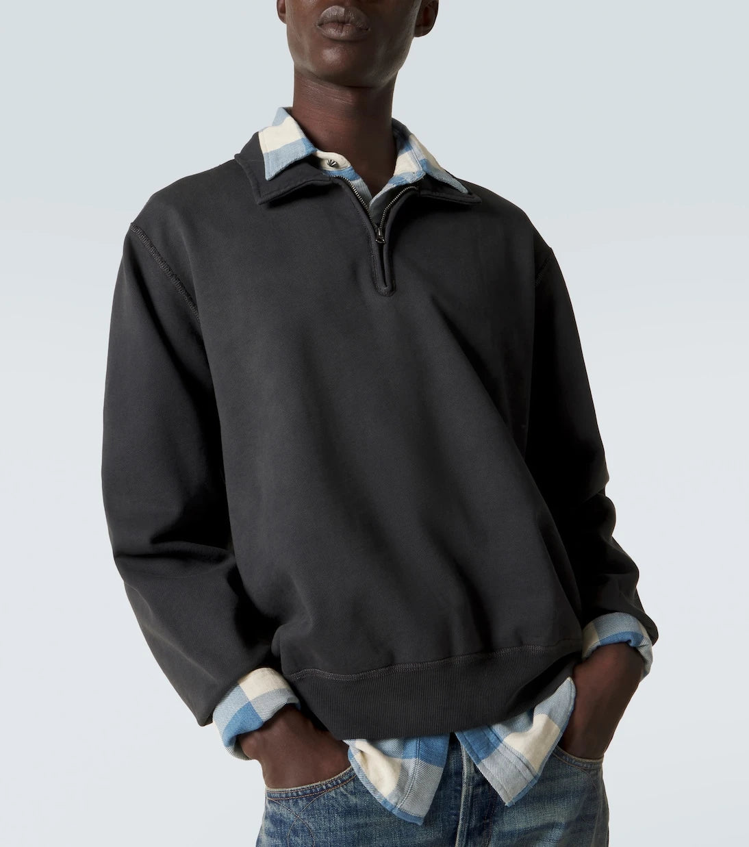 RRL - سويت شيرت قطني بنصف سحاب