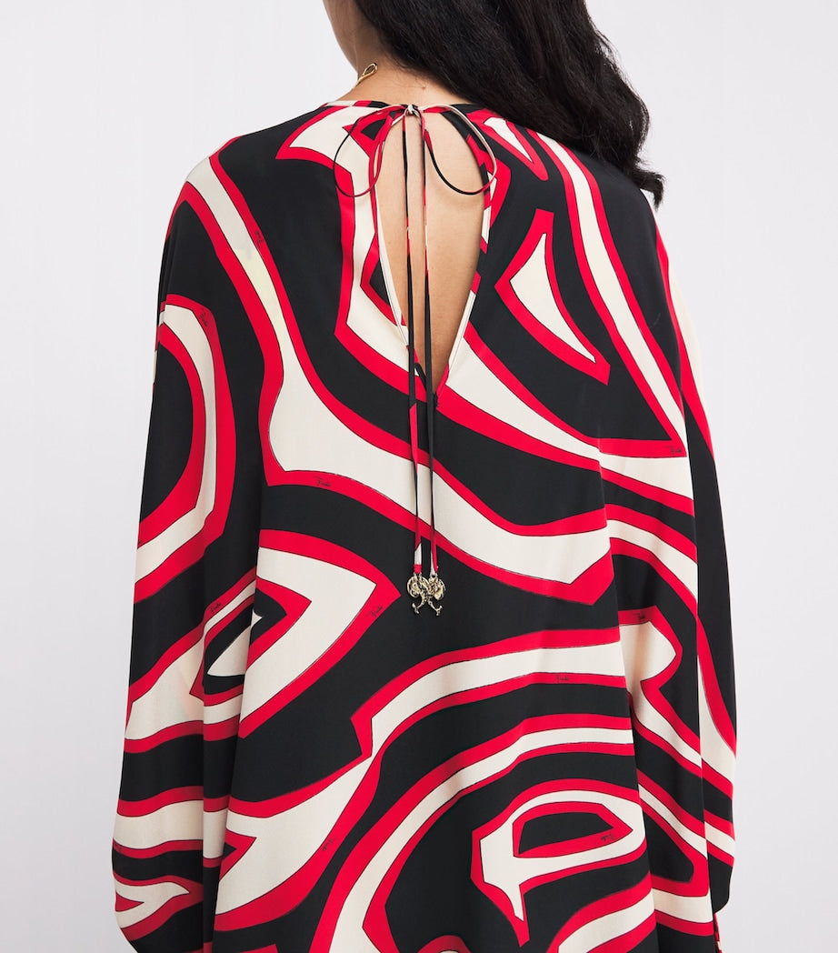 Red Silk Labirinto Print Mini Kaftan Dress