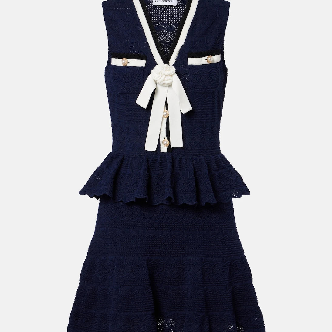 Self-Portrait - Peplum pointelle cotton-blend minidress