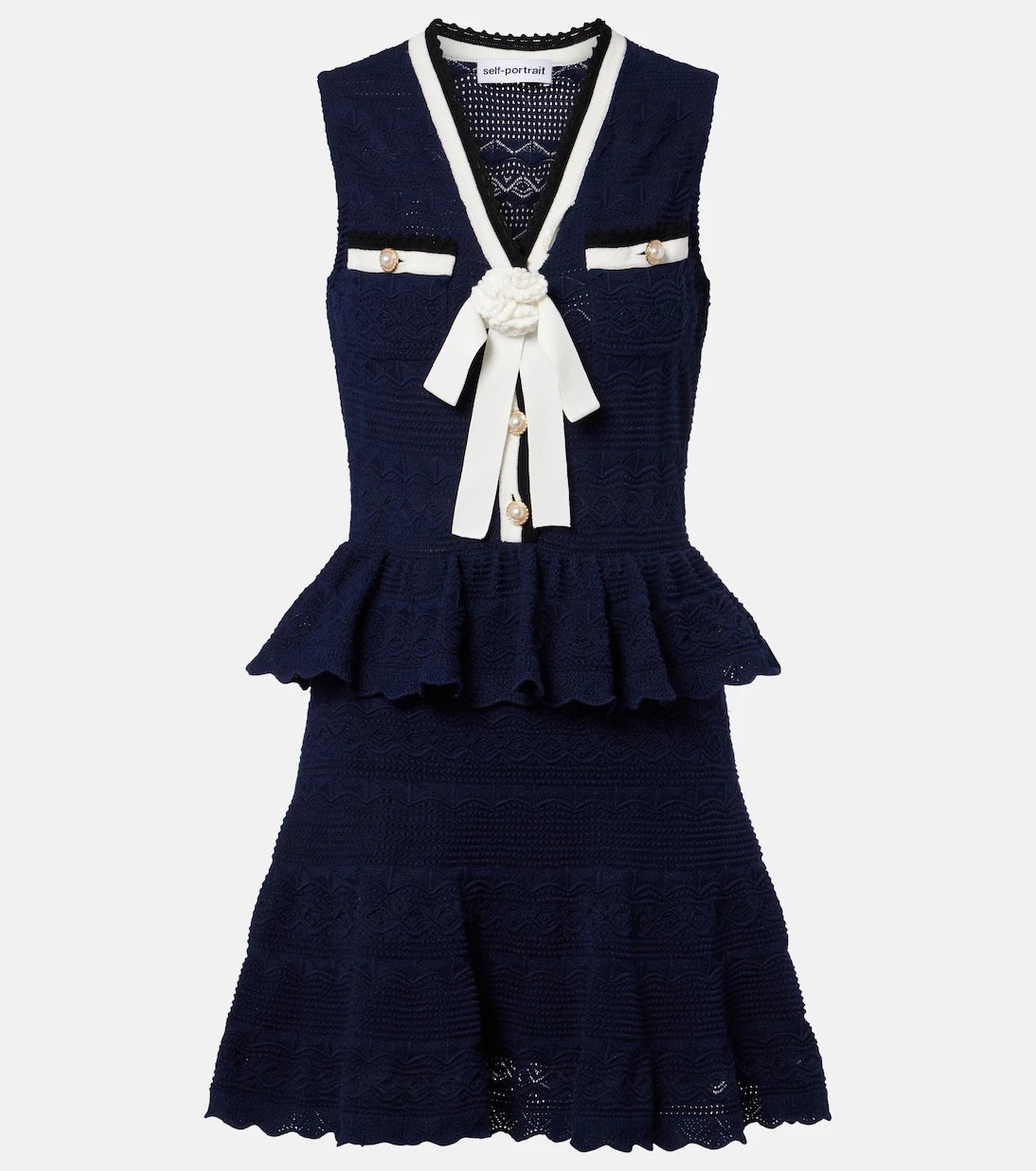 Self-Portrait - Peplum pointelle cotton-blend minidress