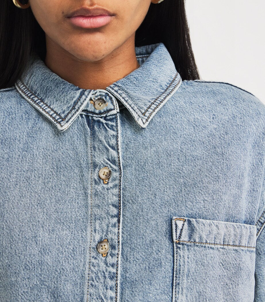 Blue Cotton-Blend Denim Belted Playsuit