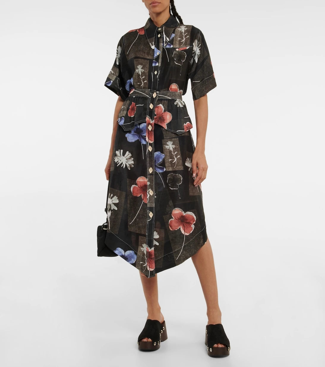 Ganni - Floral silk and linen midi skirt