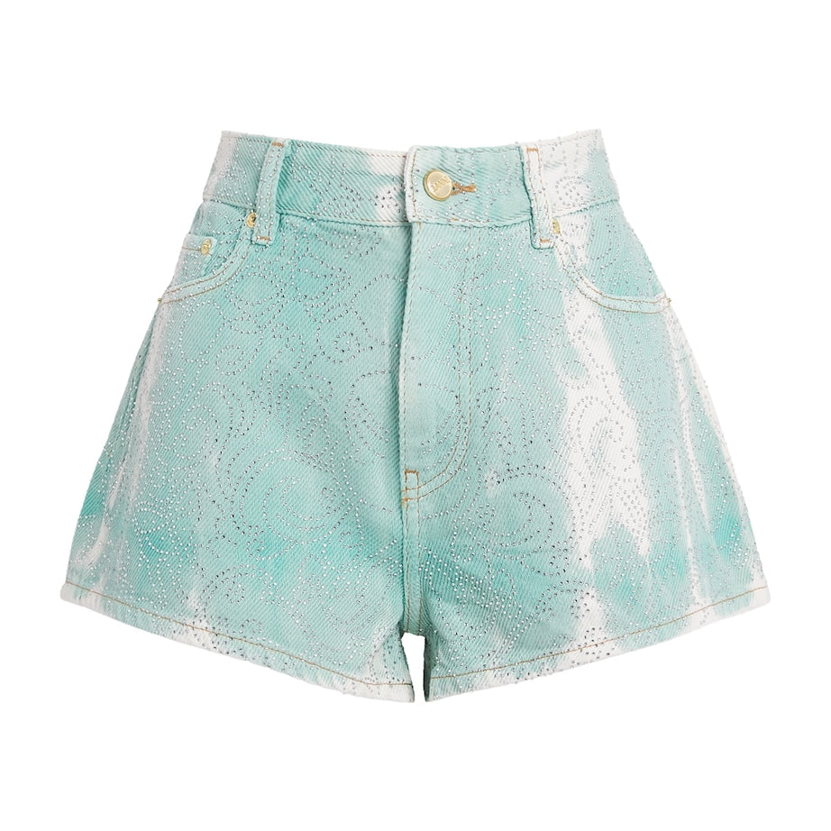Green Embellished Washed Denim Shorts