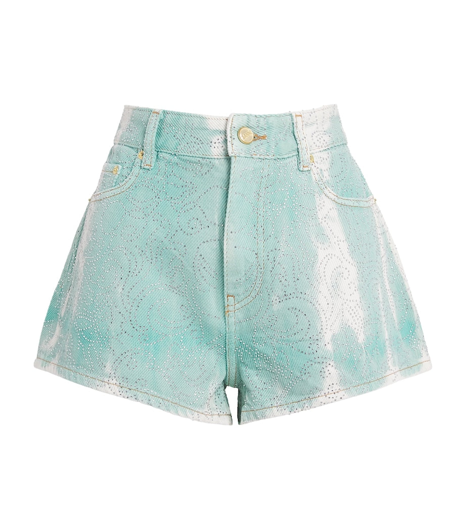 Green Embellished Washed Denim Shorts