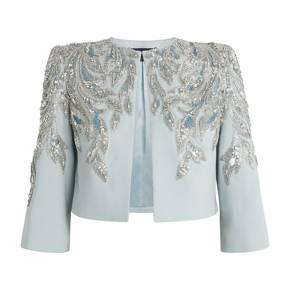Jenny Packham Blue Satin Embellished Versalilles Jacket