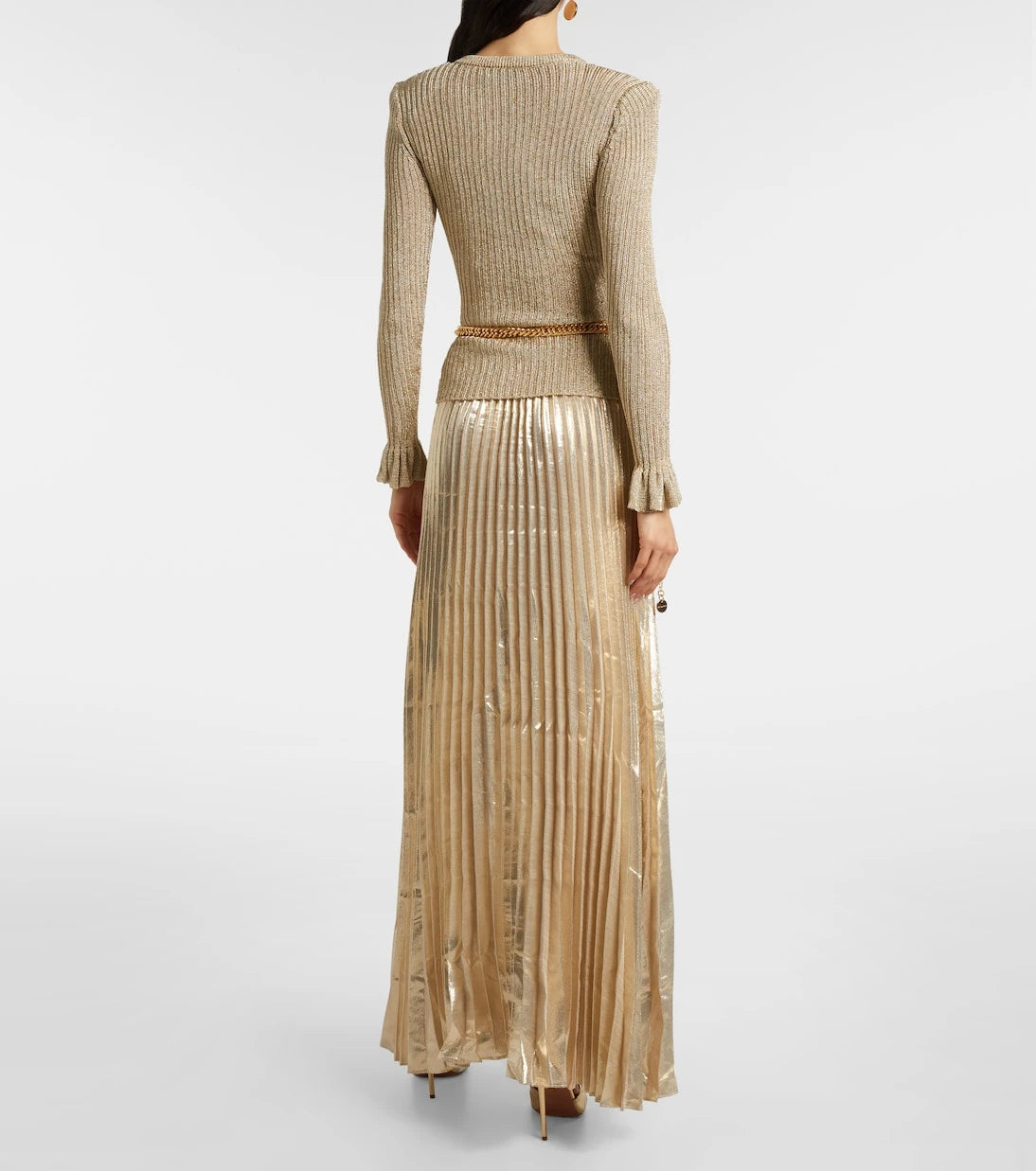 Self-Portrait - Ribbed-knit lamé plissé maxi dress