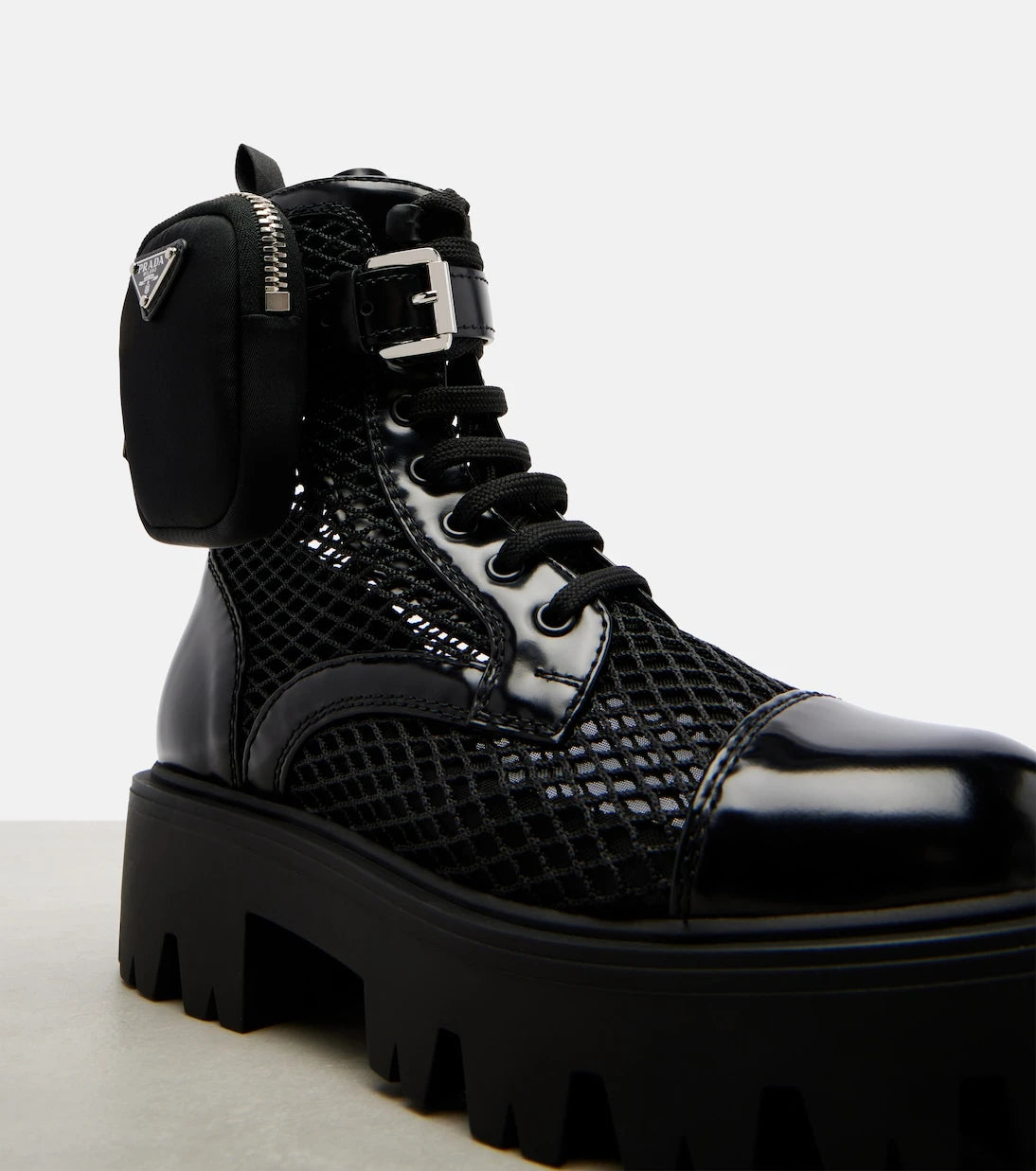 Prada - Leather-trimmed mesh combat boots