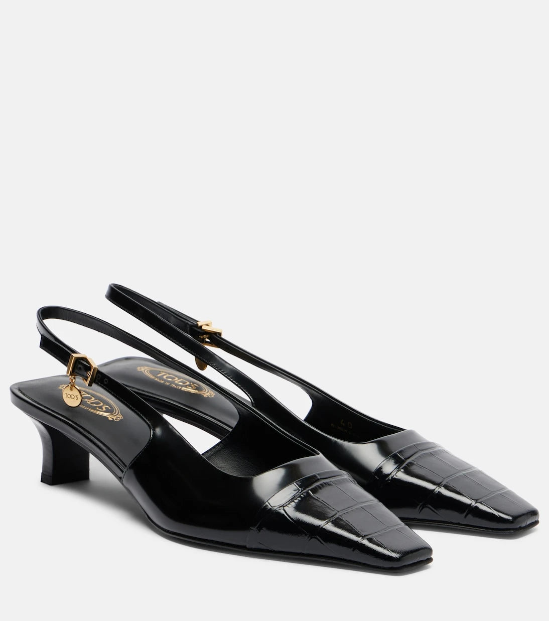 Tod's - حذاء "سلينغ باك" بكعب عالٍ من الجلد اللامع بنقشة التمساح