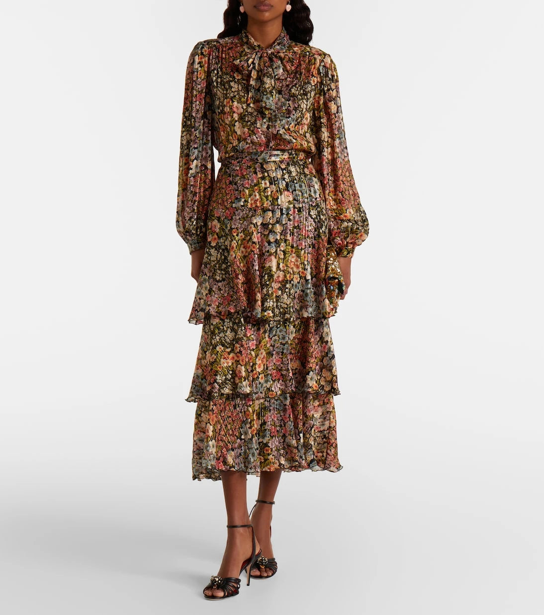 Valentino - Floral plissé tiered silk midi skirt