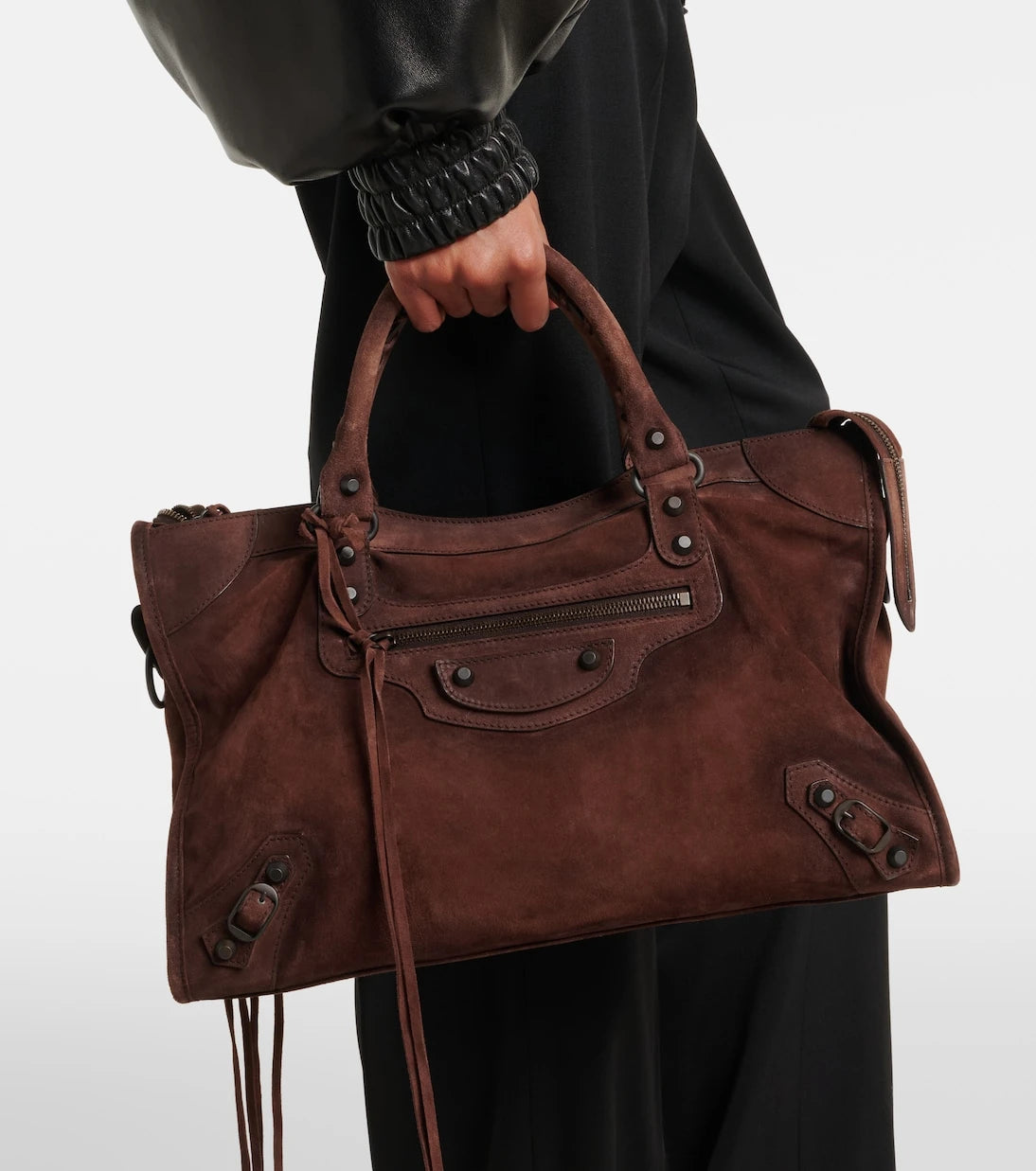 Balenciaga - حقيبة Le City Medium المصنوعة من جلد الشمواه ذات المقبض العلوي