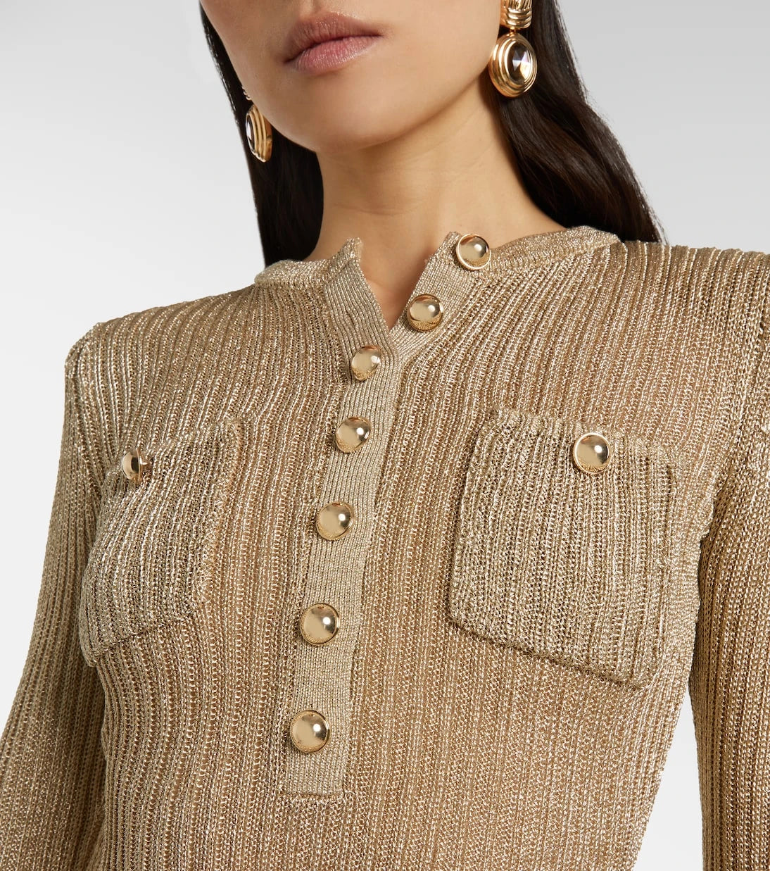 Self-Portrait - Ribbed-knit lamé plissé maxi dress