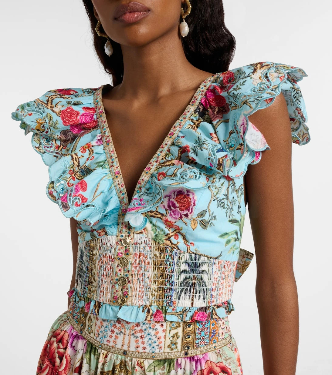 Camilla - Embellished floral cotton poplin crop top