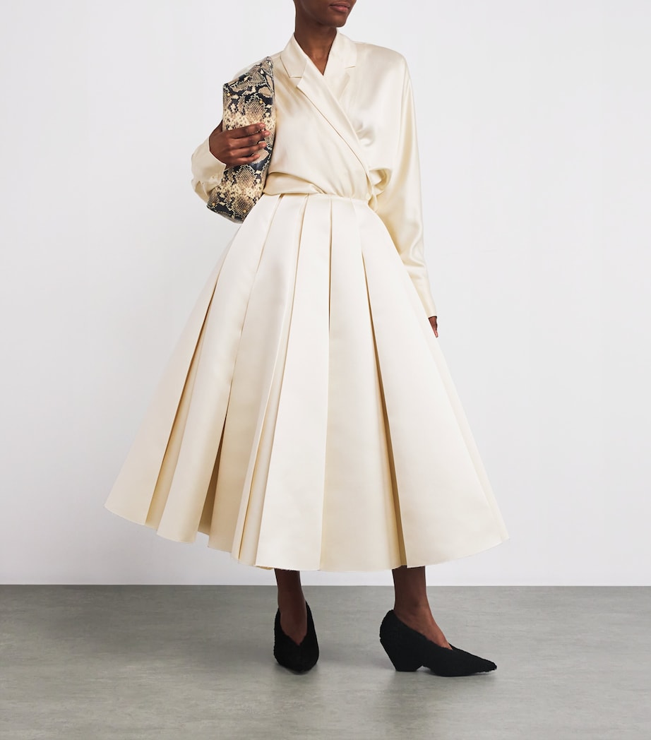 A.W.A.K.E. Mode Ivory Satin Pleated Midi Skirt