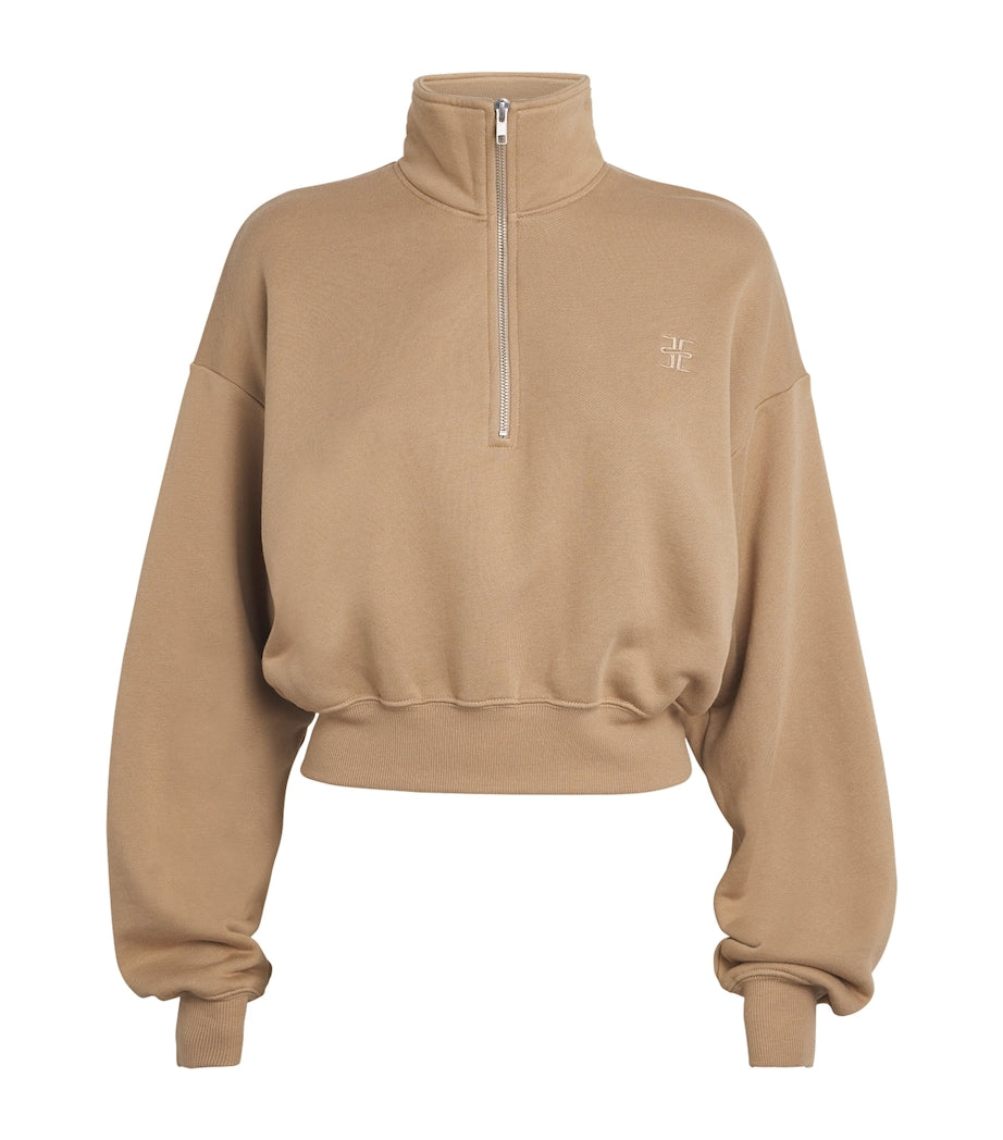 ÉTERNE Beige Cotton-Blend Half-Zip Cropped Sweatshirt