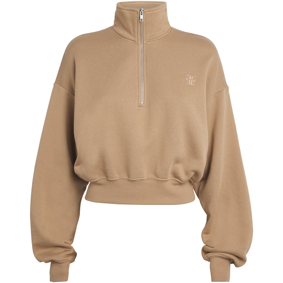 ÉTERNE Beige Cotton-Blend Half-Zip Cropped Sweatshirt