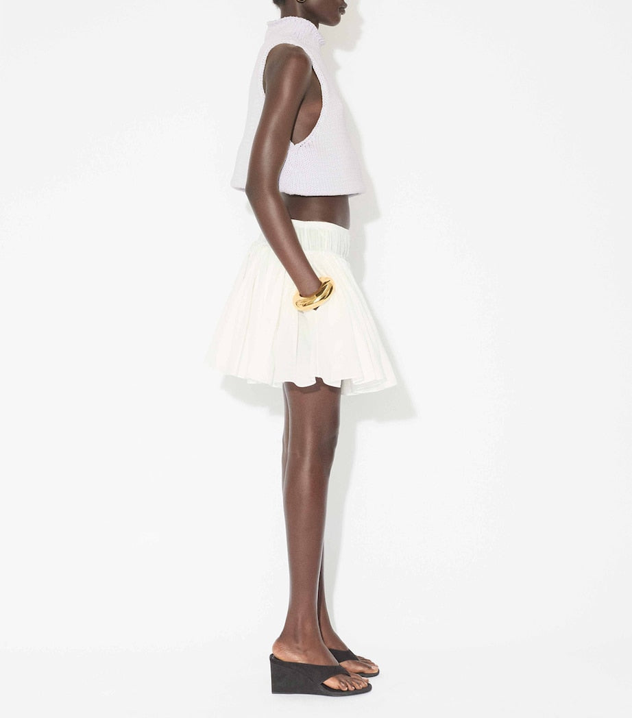 White Cotton-Linen Ruffle Mini Skirt