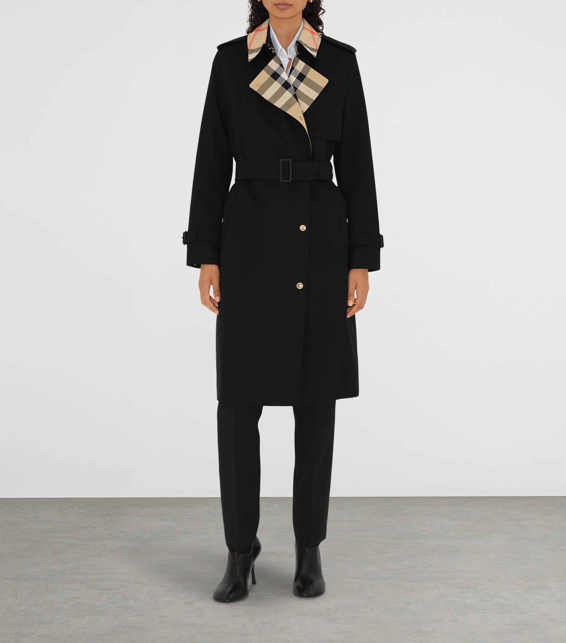 Burberry Black Long Check Gabardine Trench Coat