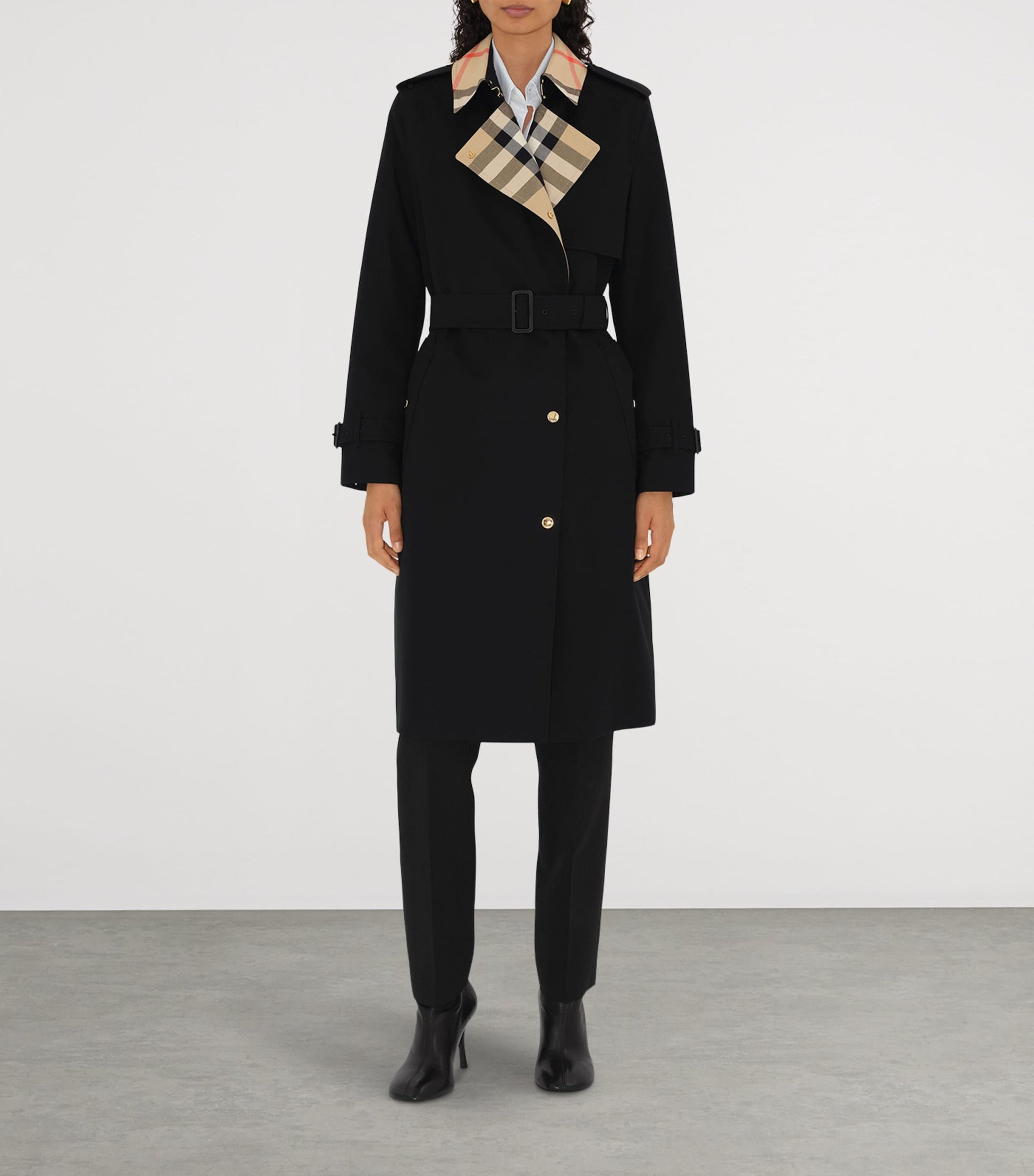 Burberry Black Long Check Gabardine Trench Coat