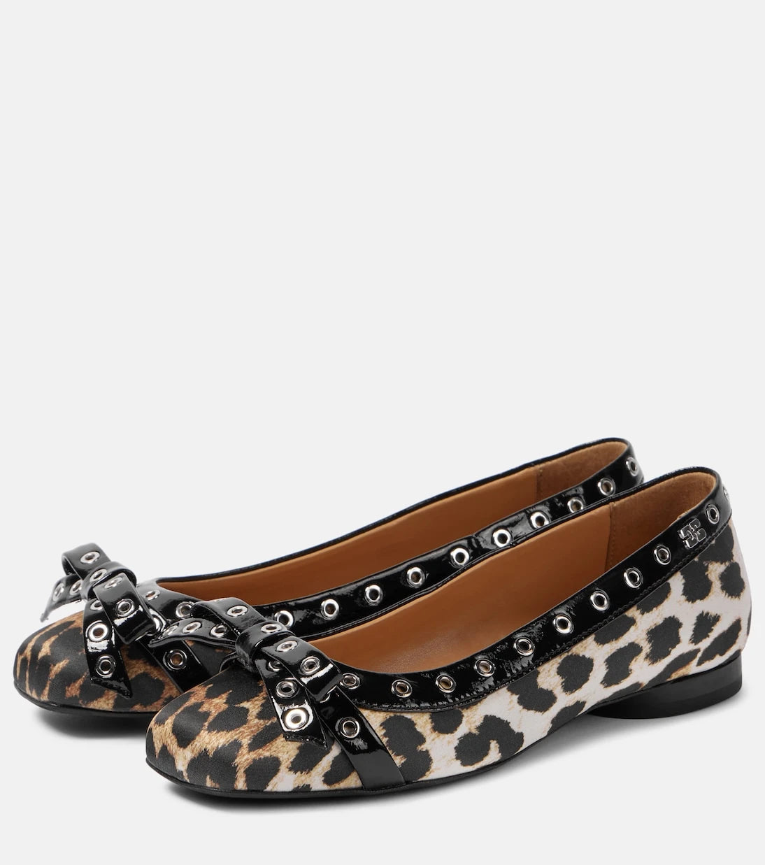 Ganni - Eyelet Bow leopard-print satin ballet flats
