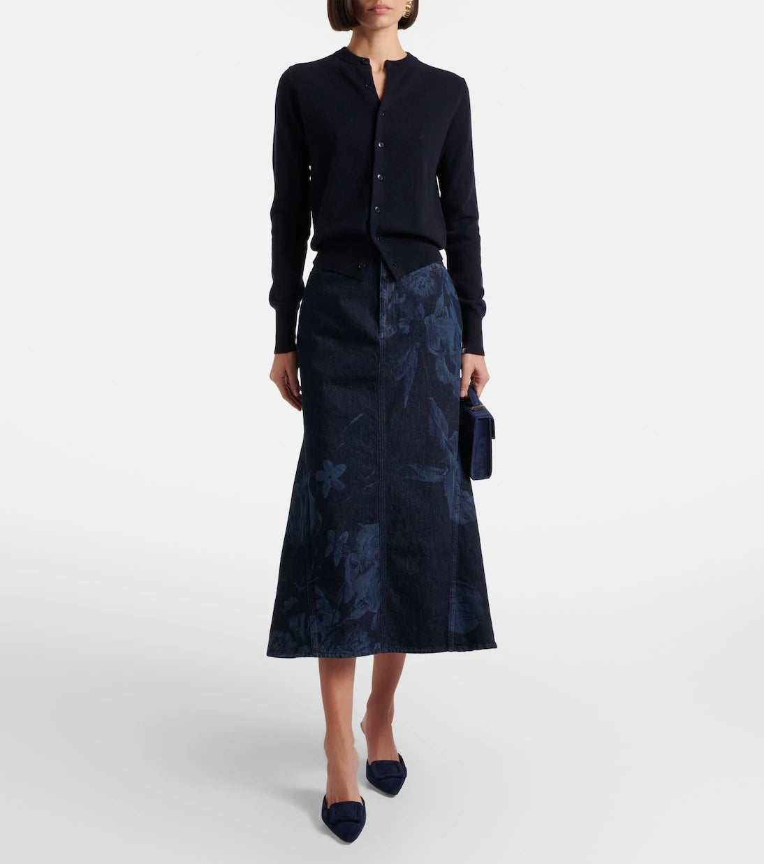 Erdem - Floral flared denim midi skirt