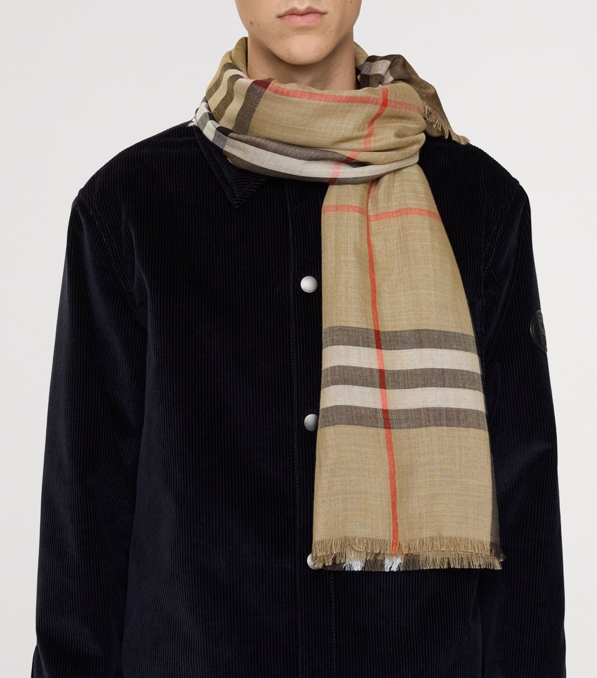 Beige Wool-Silk Reversible Check Scarf