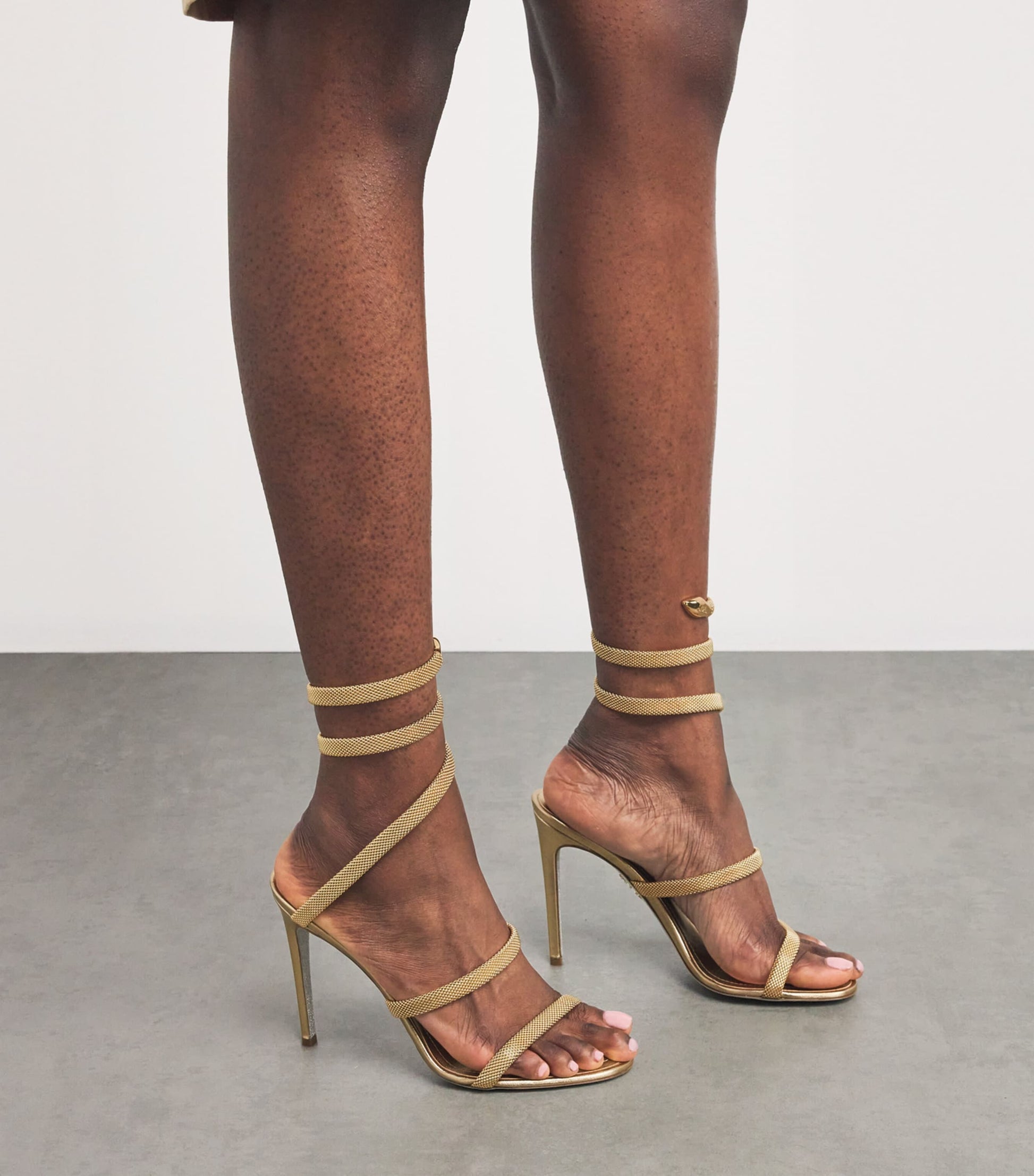 René Caovilla Gold Leather Serpent Heeled Sandals 105