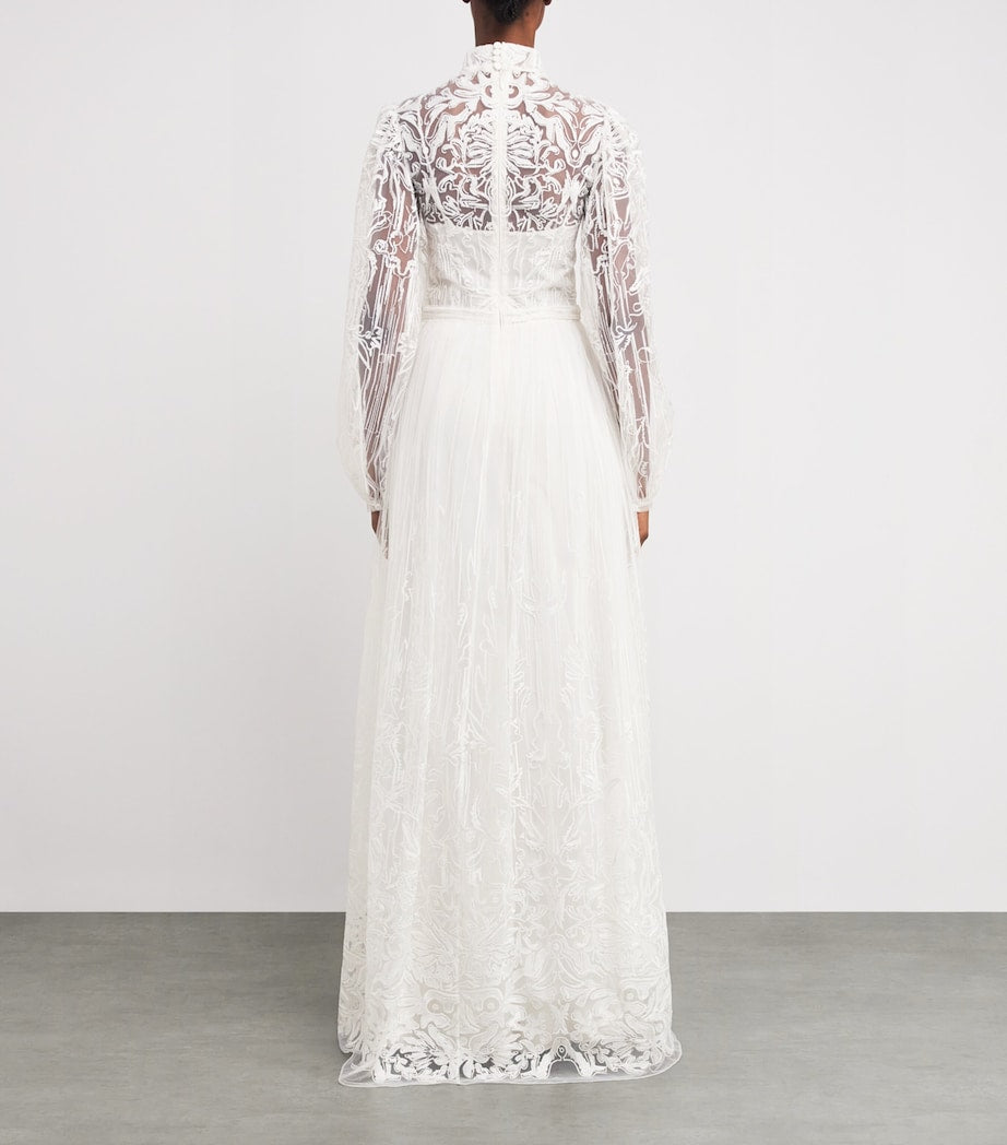 White Tulle Embroidered High-Neck Gown