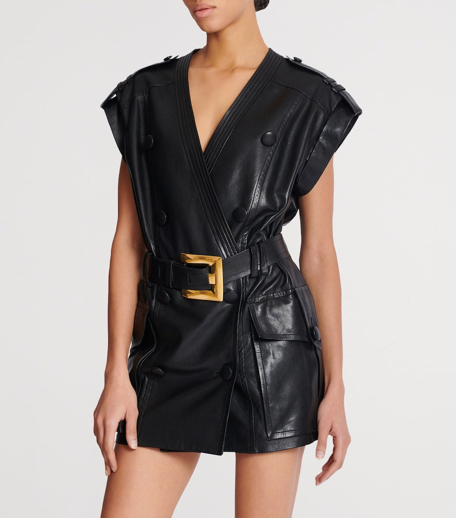 Balmain Black Leather Belted Mini Dress