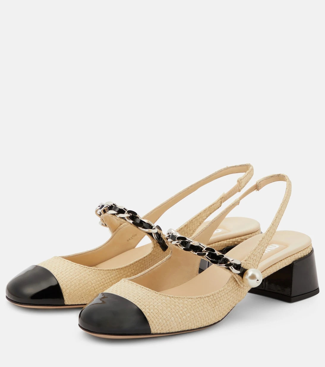 Miu Miu - Leather-trimmed raffia slingback pumps
