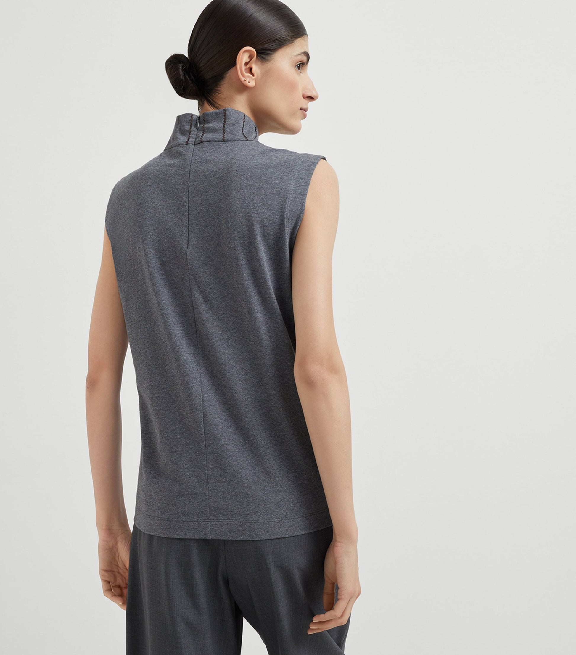 Brunello Cucinelli Grey Cotton Sequin-Stripe Sleeveless Top