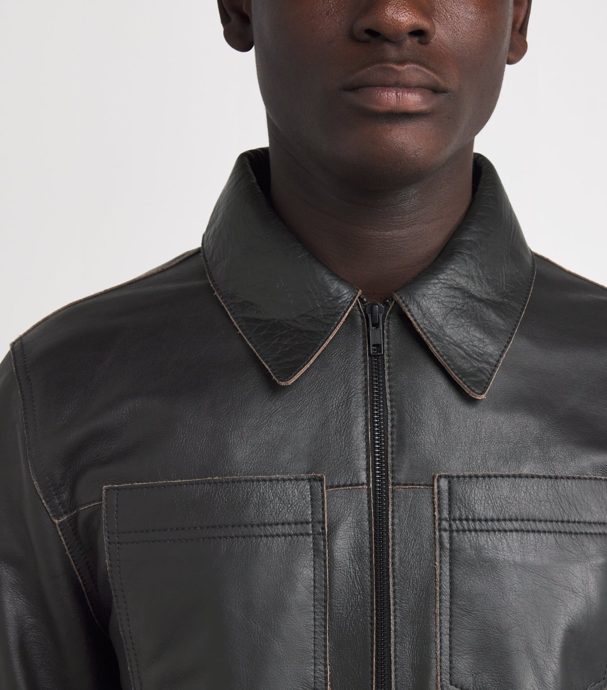 Black Contrast Stitch Leather Jacket