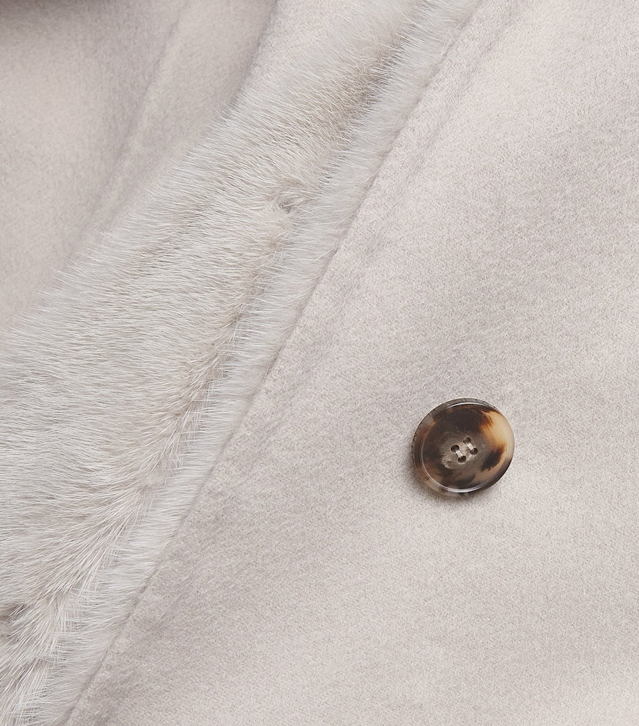 Beige Hooded Mink Fur-Trim Coat