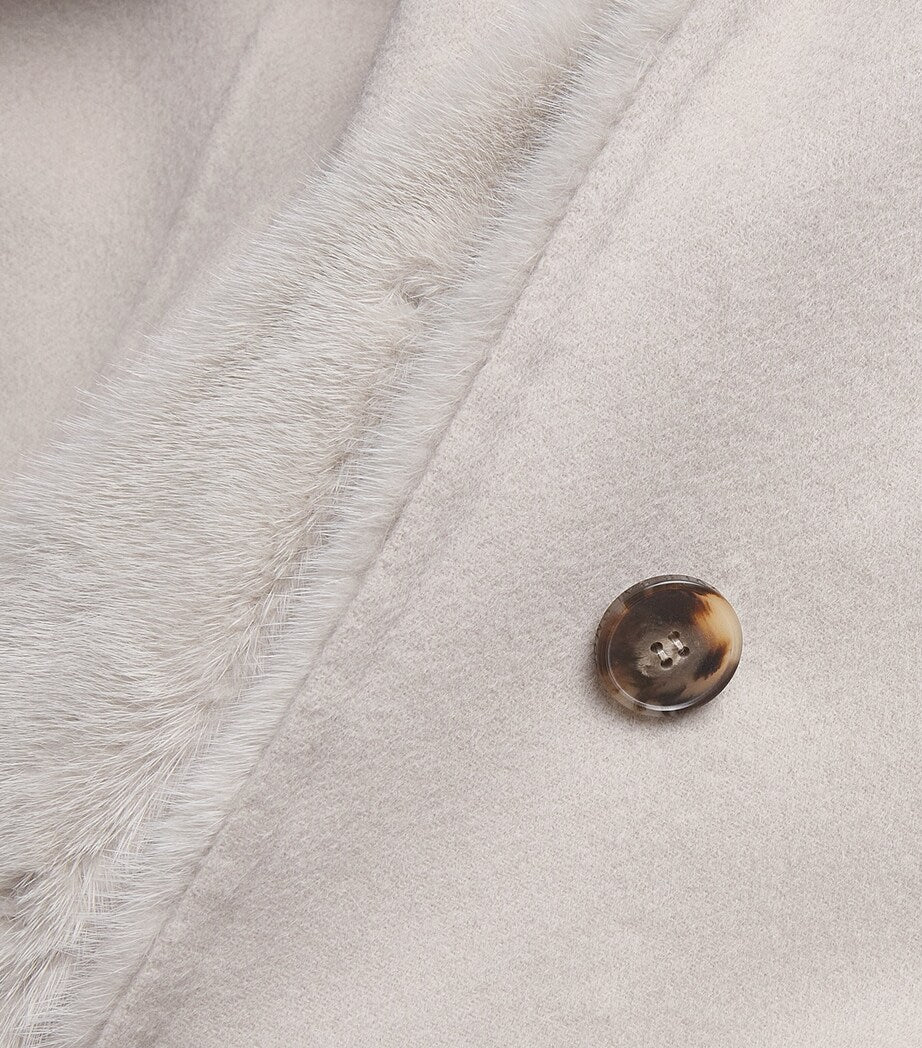 Beige Hooded Mink Fur-Trim Coat