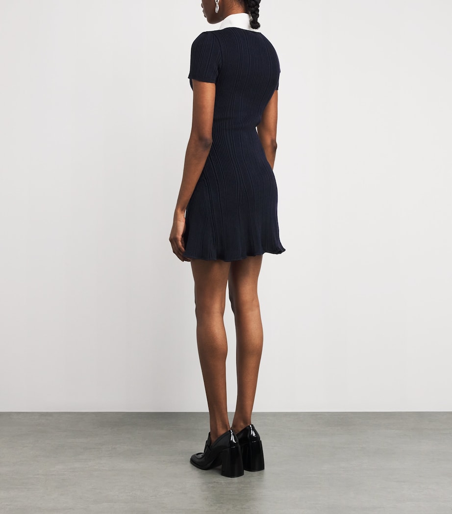 Self-Portrait Navy Rib-Knit Contrast-Trim Mini Dress