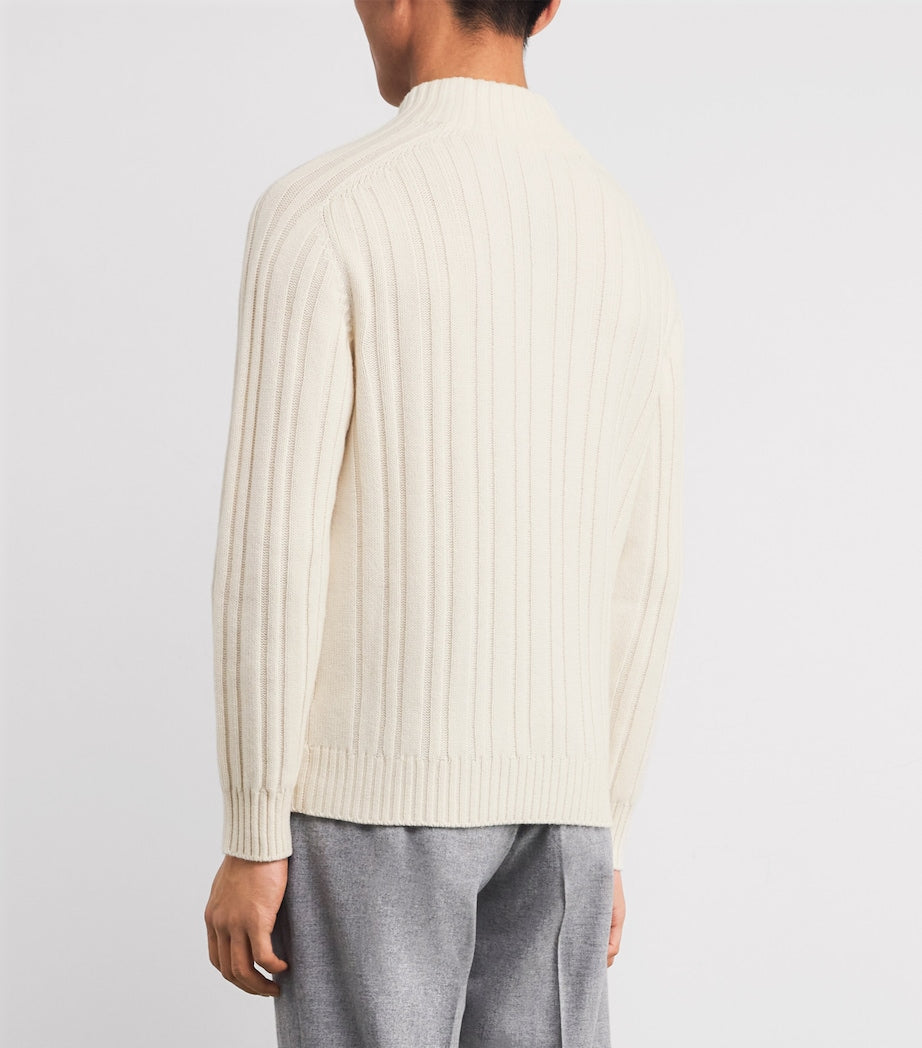 Beige Cashmere Rib Mock-Neck Sweater