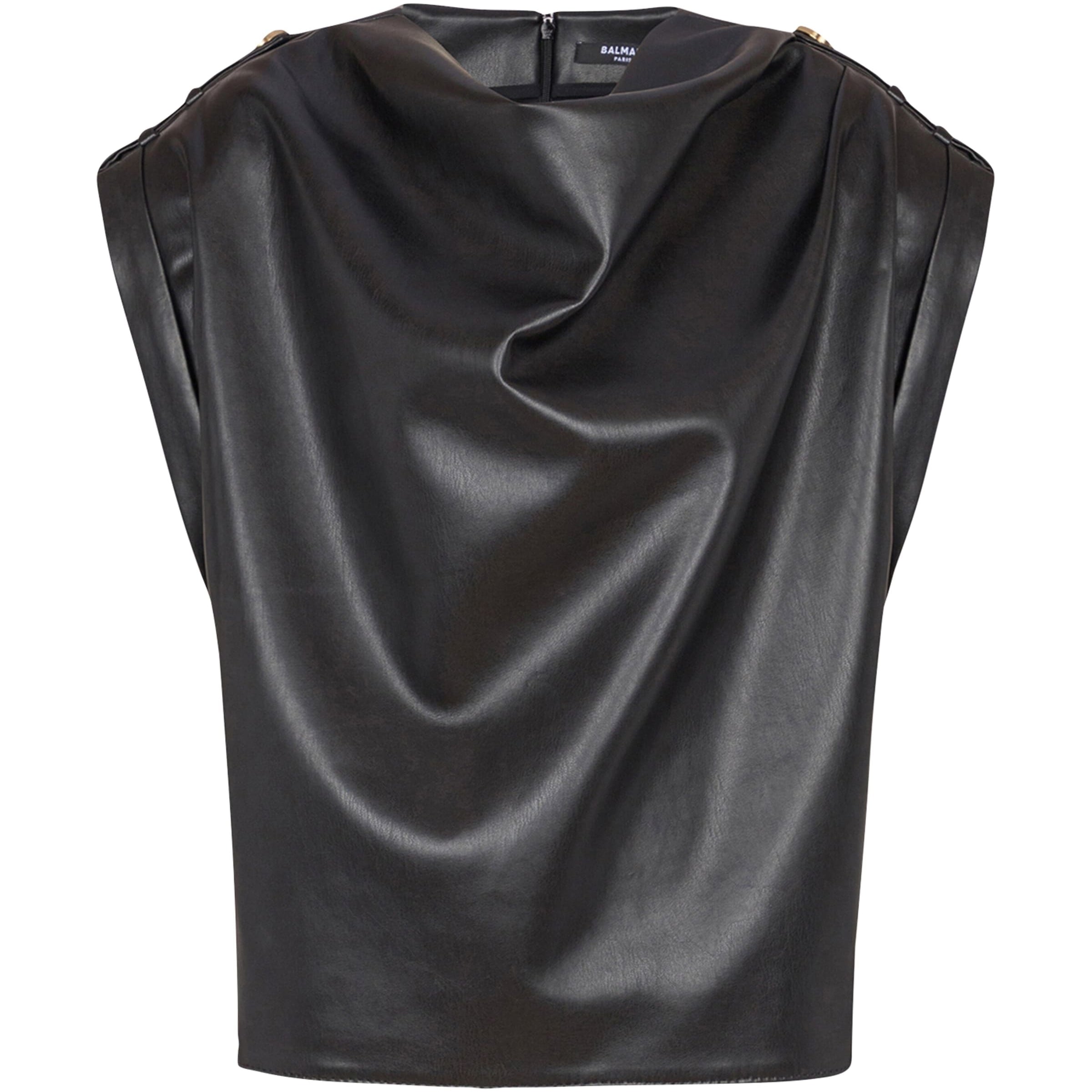 Balmain Black Faux Leather Draped Top