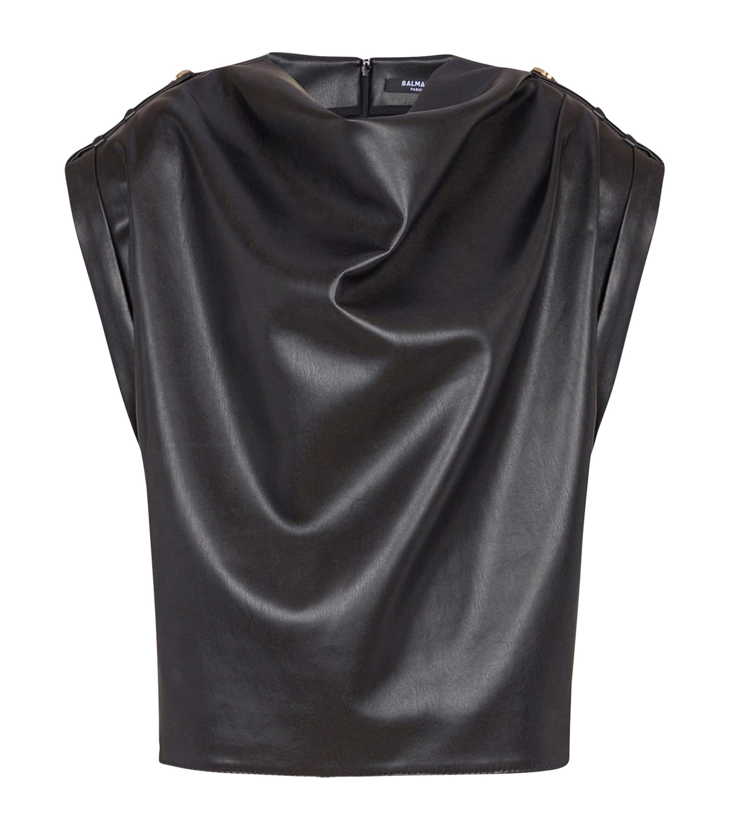 Balmain Black Faux Leather Draped Top