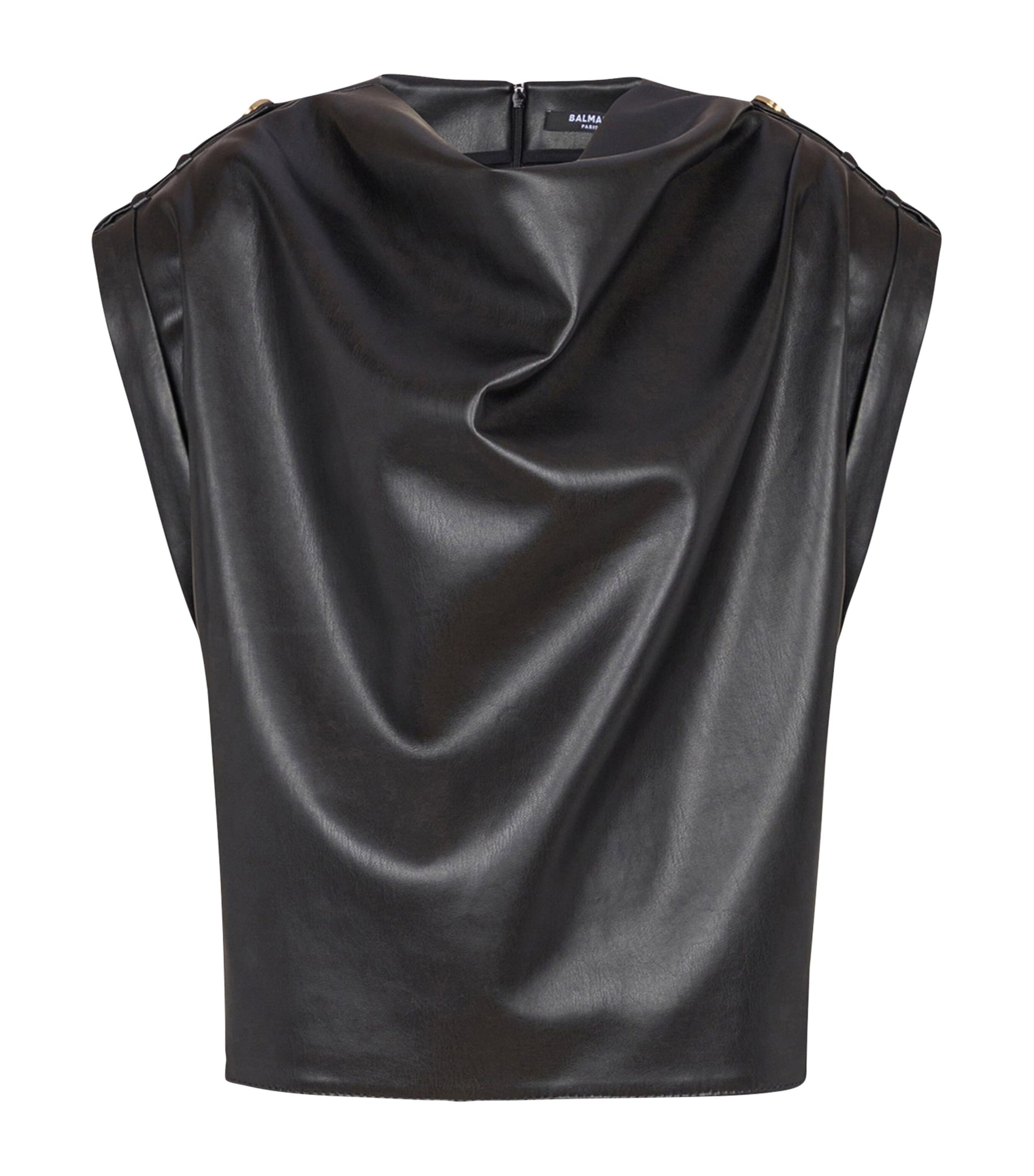 Balmain Black Faux Leather Draped Top