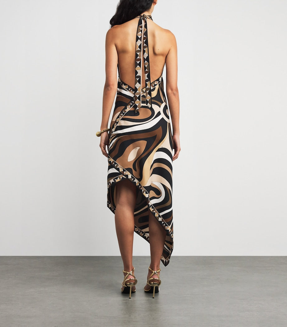 Multi Silk Marmo Print Halterneck Midi Dress
