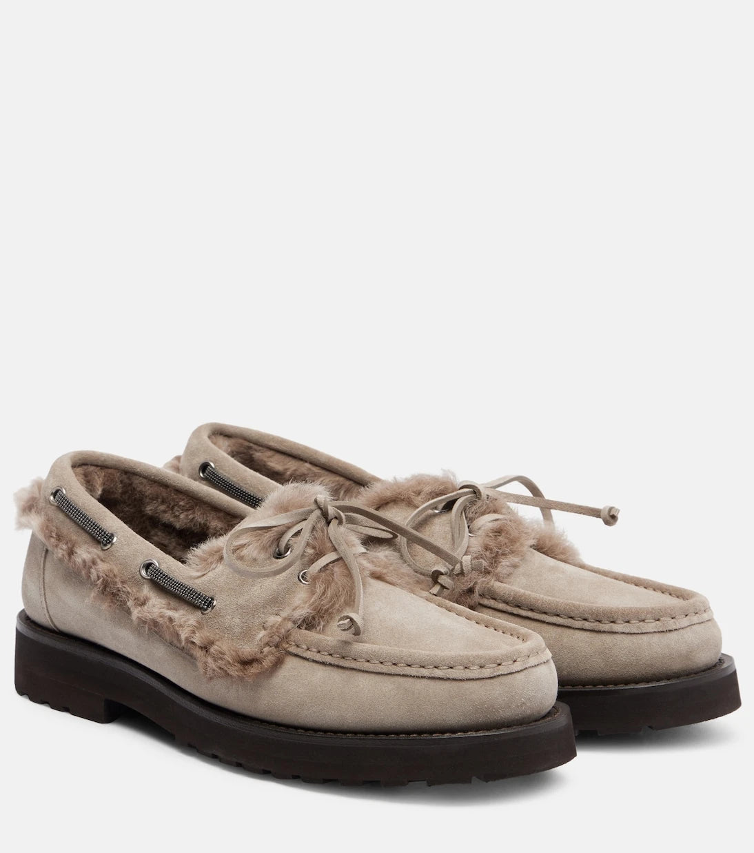 Brunello Cucinelli - Monili shearling-trimmed suede boat shoes
