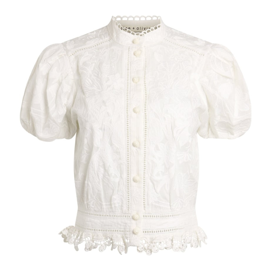Alice+Olivia White Cotton Loryn Embroidered Blose