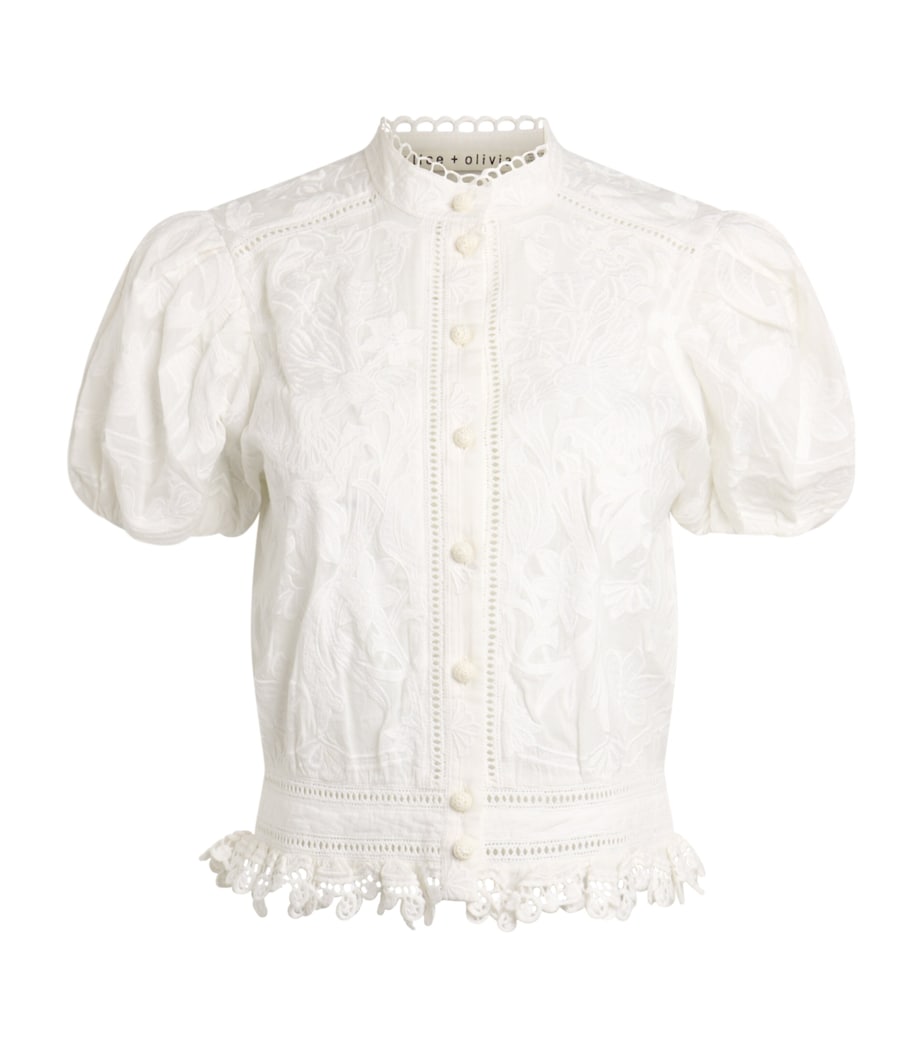 Alice+Olivia White Cotton Loryn Embroidered Blose