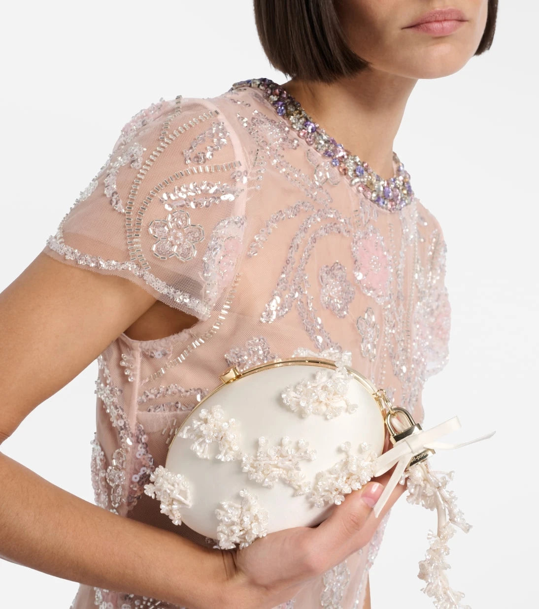 Self-Portrait - Oval Small embellished satin clutch
