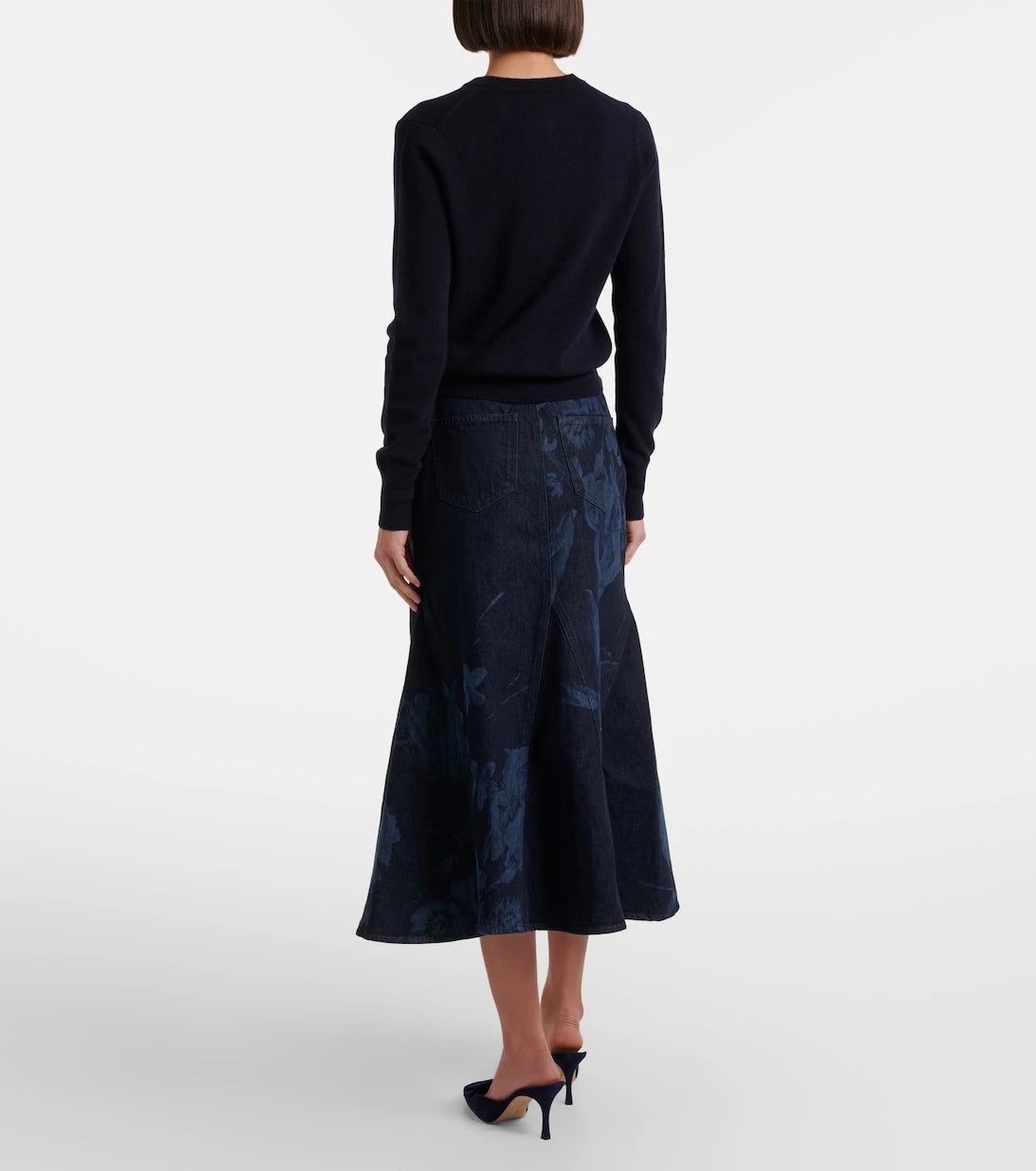 Erdem - Floral flared denim midi skirt